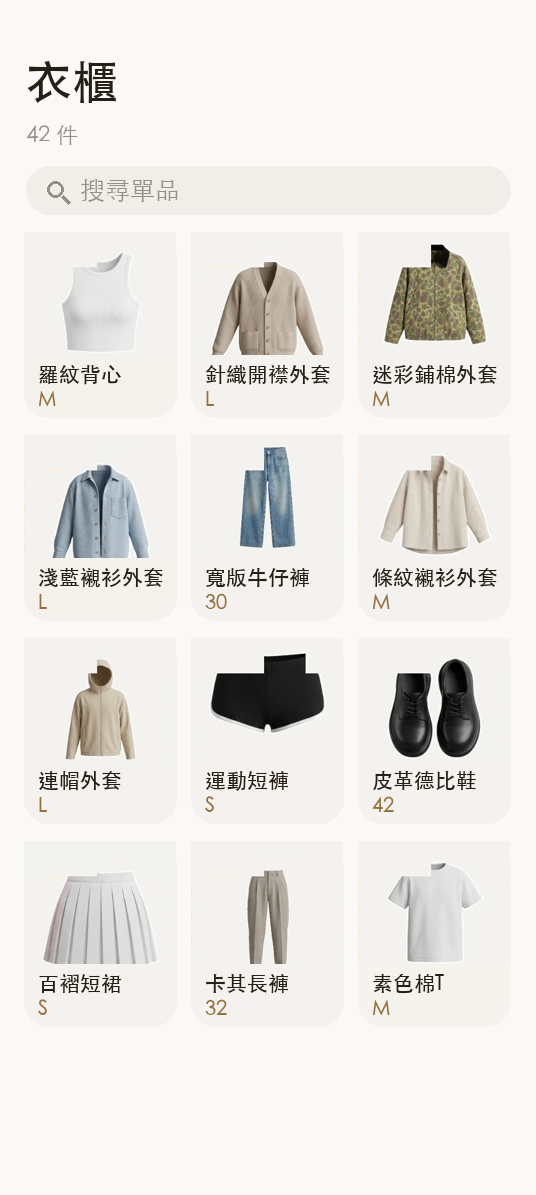 Closet 衣櫃畫面：拍照建檔的每件衣服排成網格